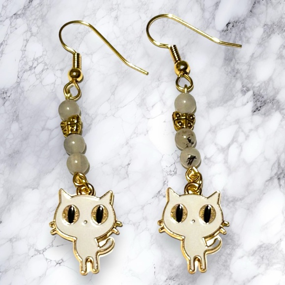 Hand Crafted Jewelry - Hand Crafted Earring Cats Tourmaline Quartz Kitty White Butterfly